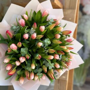 💐 זר טוליפים מרהיב – מתנה מושלמת לכל אירוע! 🌷 בתמונה נראה זר יוקרתי של טוליפים ורודים רעננים, משולבים עם עלים ירוקים עדינים ואקליפטוס, עטופים באריזה אלגנטית שמוסיפה נגיעה של יוקרה. הזר מסודר בצורה קלאסית, המעניקה לו מראה רענן, טבעי ומרשים. ✔ מתאים ליום האישה, יום הולדת, הצעת נישואין או פשוט להבעת אהבה והערכה. ✔ משלוחים מהירים עד הבית – טרי, איכותי ומלא בקסם!
